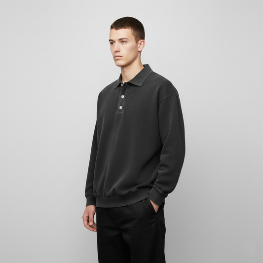 Men Long Sleeve Polo Shirt - Relaxed Fit with Ribbed Cuffs