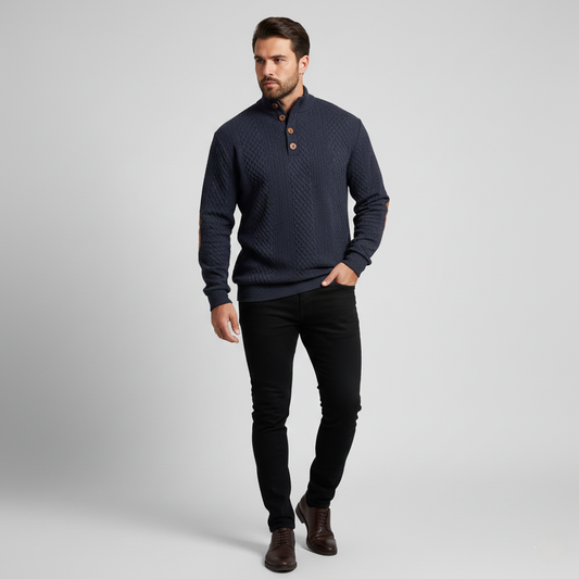 Men Sweater with Suede Elbow Patches - Quarter Button Mock Turtleneck